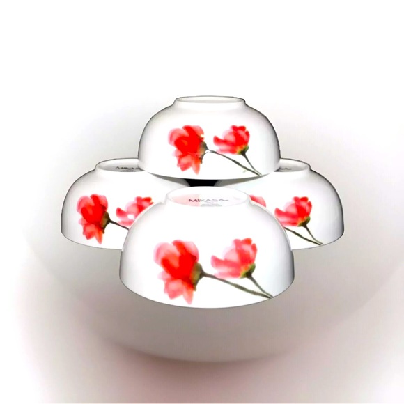 Mikasa Kiera Red Poppy Floral Porcelain 6” Soup Salad Cereal Bowls Set of 4 New - Picture 4 of 9